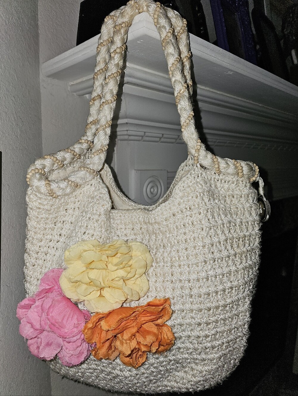 The Sak Vintage Crochet Hobo Bag Cream Floral Removable Pins Y2K
